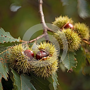 Chestnuts inside the hedgehog, close up image