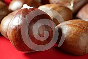 Chestnuts macro over red studio background