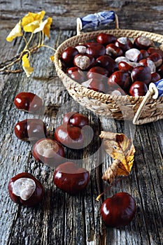 Chestnuts in wicker basket and autumn leaves