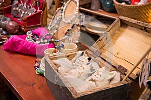 Chests and jewelry on display