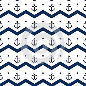 Chevron with anchors in blue and white seamless pattern, vector