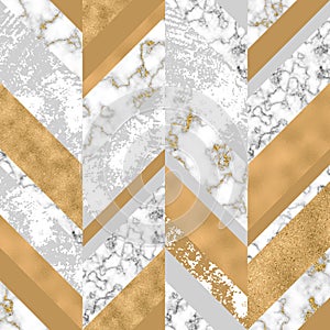Chevron seamless pattern with digital marble paper, glossy gold foil, pastel grunge texture