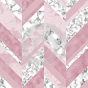 Chevron seamless pattern with digital marble paper, rose gold foil, pastel grunge texture