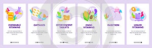 Chewable, liquid, food vitamins, capsules, tablets, injection. Mobile app screens, vector website banner template.