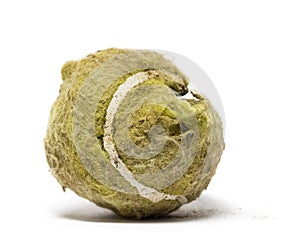 Chewed tennis ball against white background