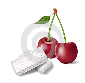 Chewing gum with red cherry isolated. Bubble gums for healthy teeth and fresh breathing. template design for dental