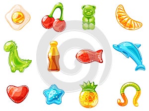 Chewing jelly candies set. Colorful kids sweets, gummy dragon, bear and fish, animals and fruit shapes sweets, yummy