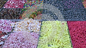 Chewy sugary confections in exposition.