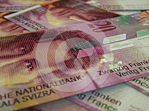 CHF. Swiss Franc macro photo. Money of Switzerland. Business background. Zurich