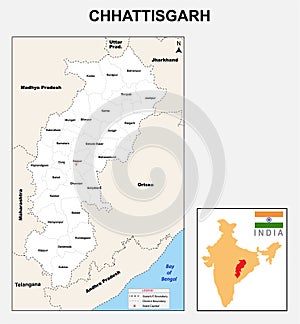 Chhattisgarh map. Showing State boundary and district boundary of Chhattisgarh. Political and administrative colorful map of Chhat