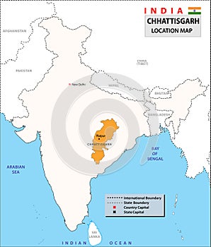 Chhattisgarh map. Showing State boundary and district boundary of Chhattisgarh. Political and administrative colorful map of Chhat