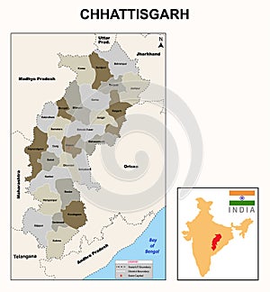 Chhattisgarh map. Showing State boundary and district boundary of Chhattisgarh. Political and administrative colorful map of Chhat