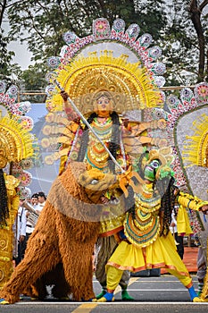 Chhau dancers preparing for taking part in the upcoming Indian Republic Day parade at Indira Gandhi Sarani, Kolkata