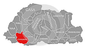 Chhukha red highlighted in map of Bhutan