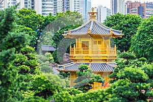Chi Lin Nunnery and Nan Lian Garden. Golden pavilion of absolute perfection in Nan Lian Garden in Chi Lin Nunnery, Hong Kong,