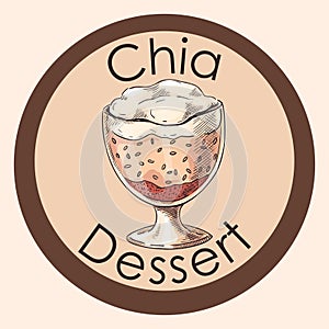 Chia dessert. Food sketch. Glass bowl with healthy pudding. Sweat cream. Antioxidant seeds. Vegan breakfast. Fruit photo