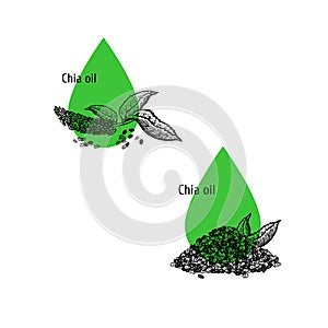 Chia oil icon set. Hand drawn sketch. Extract of plant. Vector illustration