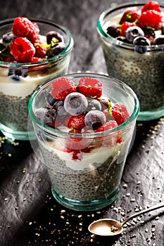 Chia pudding with addition of raspberries and blueberries in the glasses on a black background, healthy diet concept