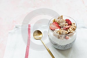 Chia pudding with almond milk, yogurt, and dried strawberries. Vegan concept
