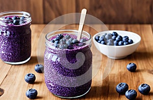 Chia pudding with blueberries, blackberries. Generative AI