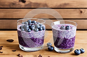 Chia pudding with blueberries, blackberries. Generative AI