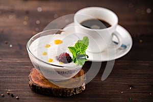 Chia Pudding Dessert with raspberries, dessert with chia seeds with raspberry on rusic background