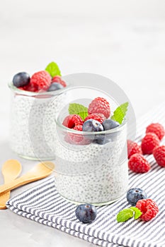 Chia pudding with fresh berries and almond milk. Superfood concept. Vegan, vegetarian and healthy eating diet