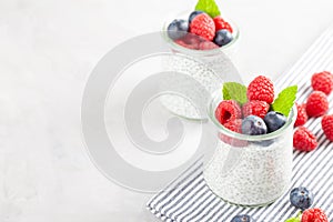 Chia pudding with fresh berries and almond milk. Superfood concept. Vegan, vegetarian and healthy eating diet