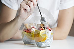 Chia pudding with fresh berries in a jar