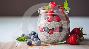 Cleansing, dieting, healthy eating, fitness menu concept. Chia pudding with fresh berries in a jar