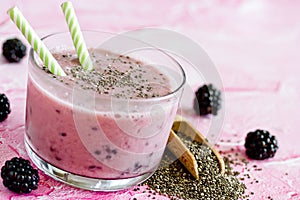 Chia pudding with fresh blackberry in glass