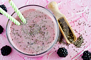 Chia pudding with fresh blackberry in glass