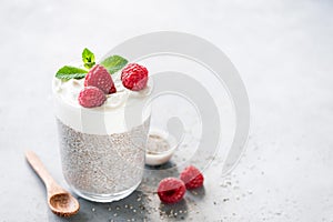 Chia pudding with greek yogurt and raspberries