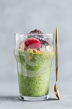Chia pudding with matcha tea, organic granola, frozen berries in glasses