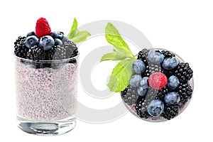 Chia pudding with mint, blueberry, blackberry on a white background. Space for text or design