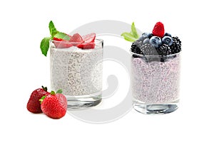 Chia pudding with mint, blueberry, blackberry on a white background. Space for text or design