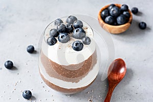 Chia pudding parfait with yogurt, blueberries and chocolate