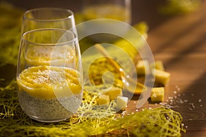 Chia pudding or smoothie with mango puree, coconut milc and coconut chips