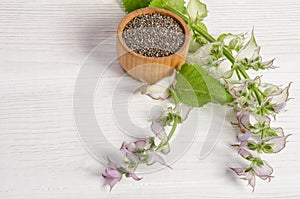 Chia seed healthy super food with flower over white