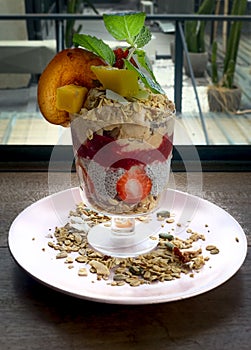 Chia seed parfait pudding in cafe