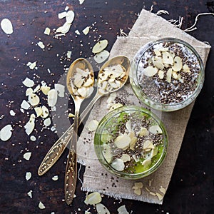 Chia seed pudding with almond milk and fresh fruit topping