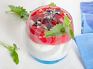 Chia seed pudding with berries, mint leaves and chocolate.