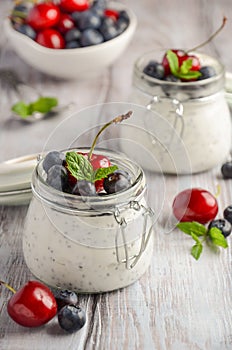 Chia seed pudding with fresh berries, healthy breakfast concept