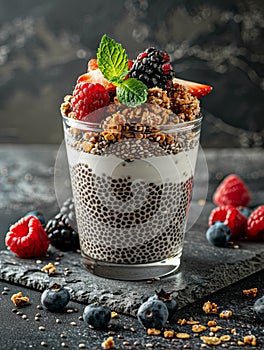 Chia seed pudding with granola and fresh berries in a glass