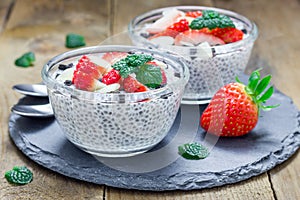 Chia seed pudding with strawberries, almond and chocolate cookie crumbs