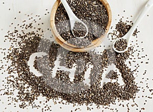 Chia seeds. Chia word made from chia seeds.