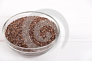 Chia seeds. Chia word made from chia seeds. Selective focus