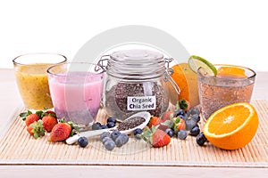 Chia seeds with fresh fruits juice, healthy nutritious anti-oxidant drinks