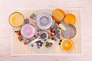 Chia seeds with fresh fruits juice, healthy nutritious anti-oxidant drinks