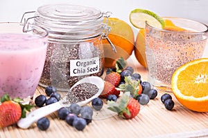 Chia seeds with fresh fruits juice, healthy nutritious anti-oxidant drinks